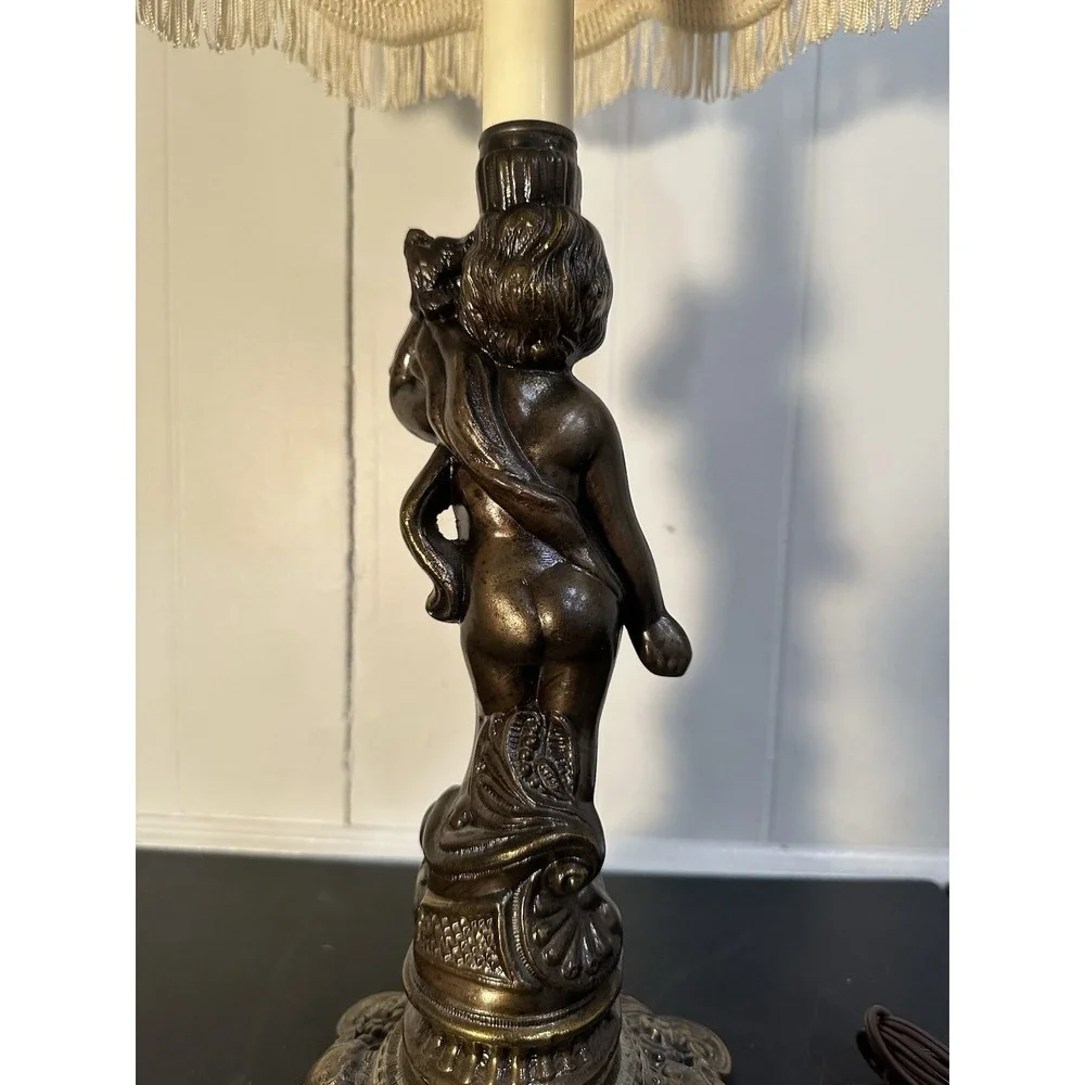 VTG Cast Metal Cherub Table Lamp Art Deco Style Wescal Hardware Fringe Shade 28